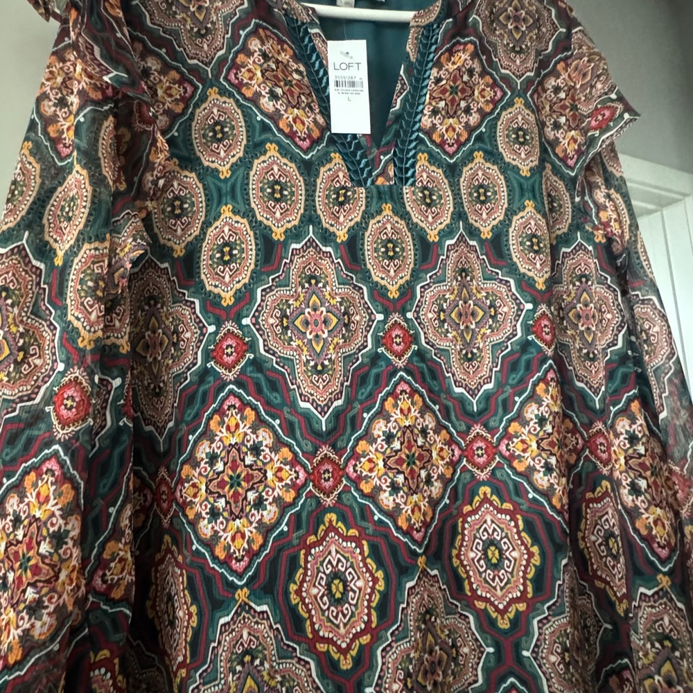LOFT Teal and Multicolor Patterned Blouse